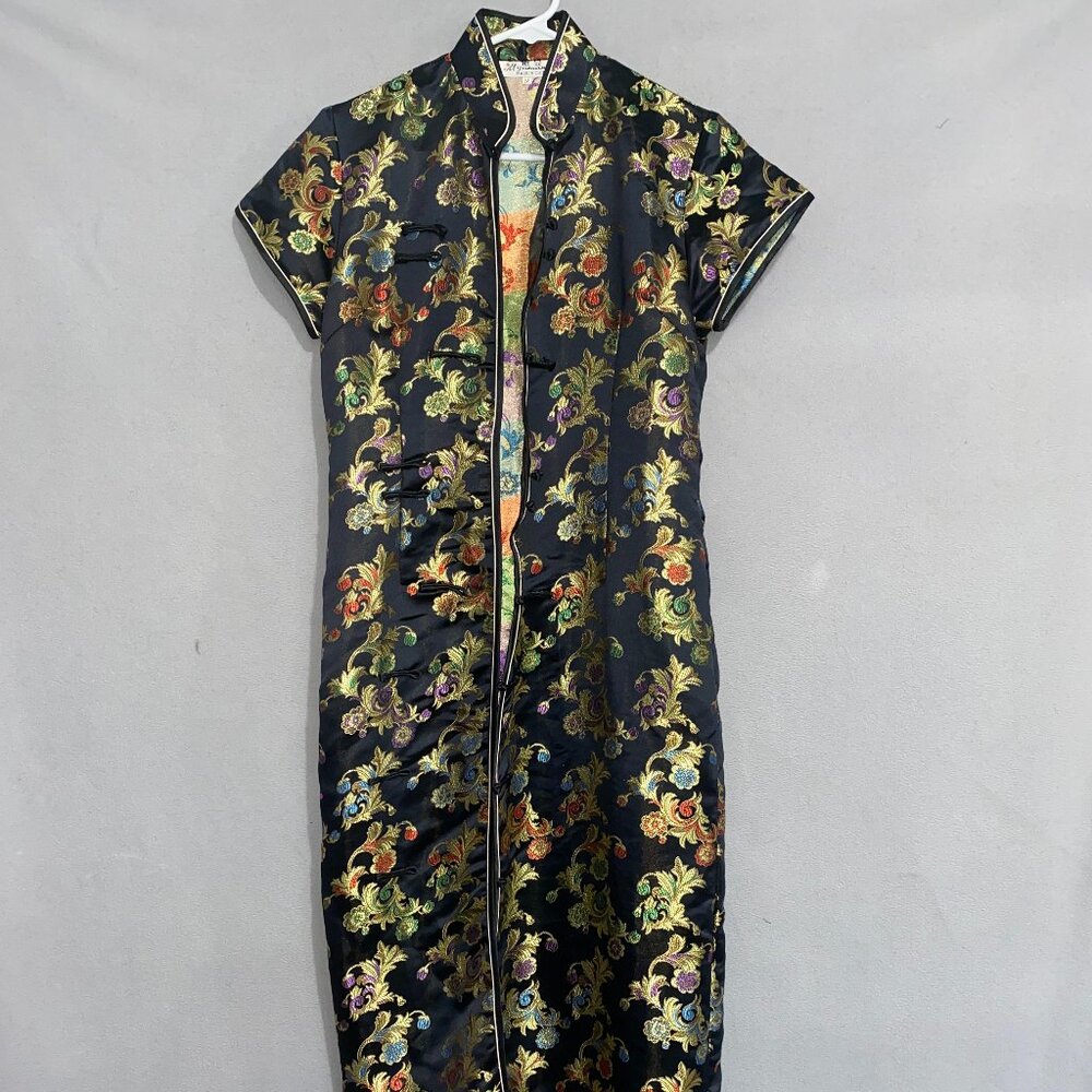 Brocade Cheongsam Qipao Dress Black Gold Floral Mandarin Collar M